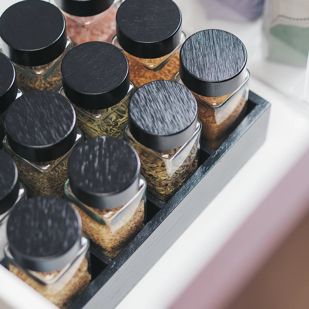 So Clever Quadratische Gewürzgläser 120 ml (24 Stk.) Bambus Schwarze Deckel